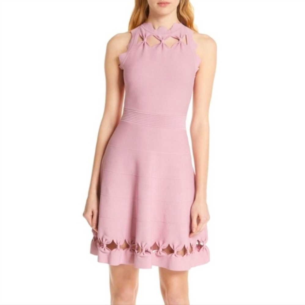 TED BAKER London Dusky Pink CHERINA Bow Fit Flare Stretch Rib Knit Dress Bodycon